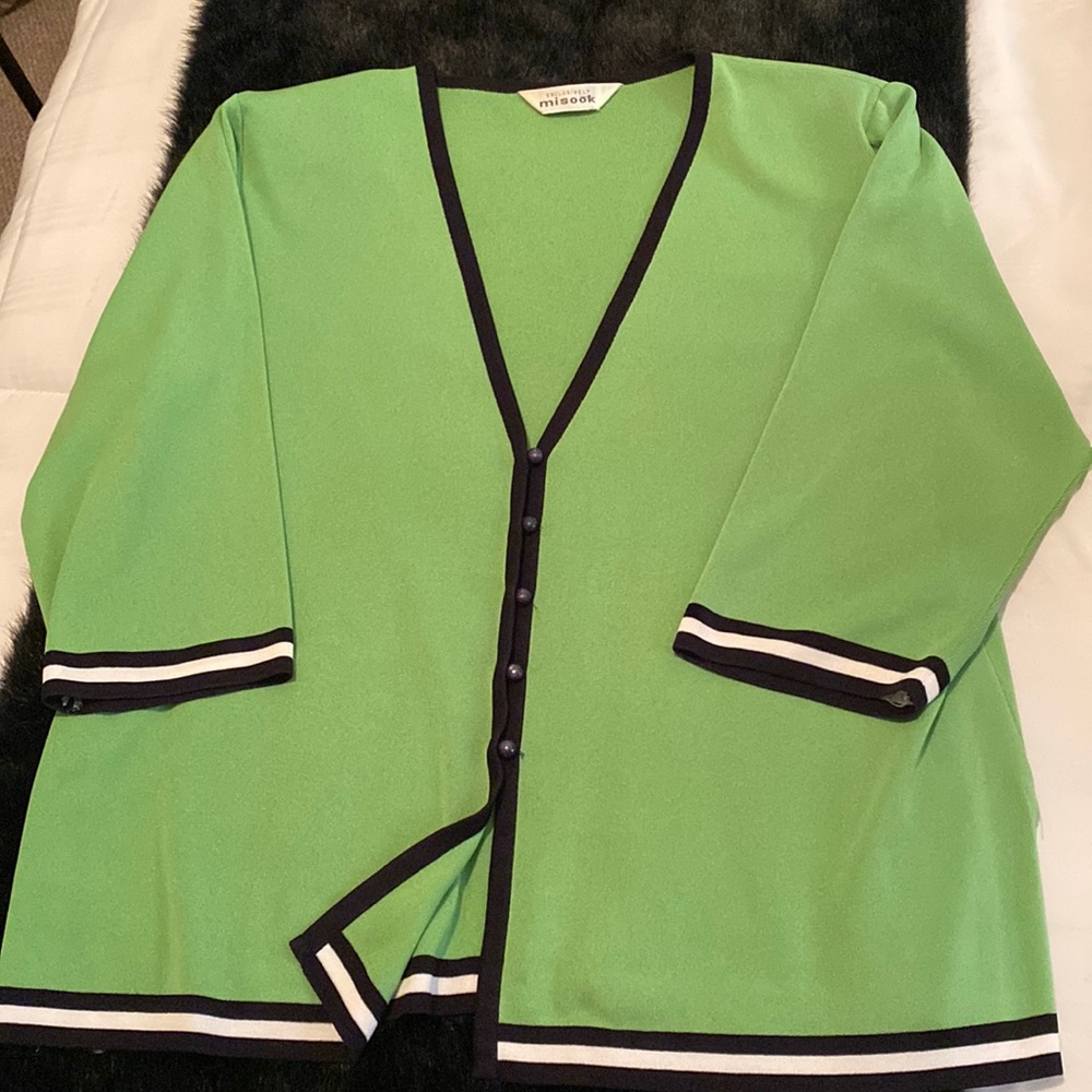 A lovely green with black and white stripes on a Misook jacket!
